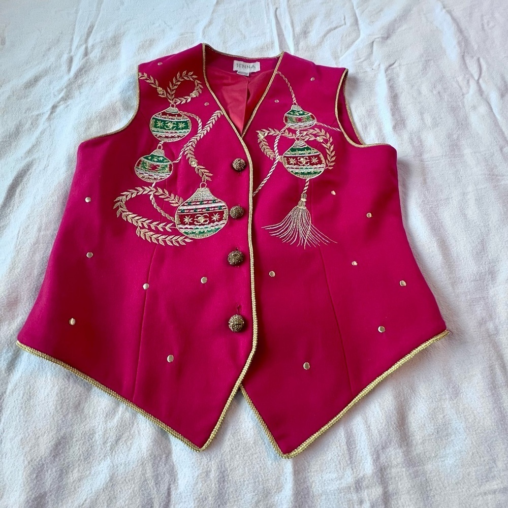 Jenna VTG 100% Wool Embroidered‎ Appliqué Christmas Ornament Button Vest Red L - Picture 8 of 16